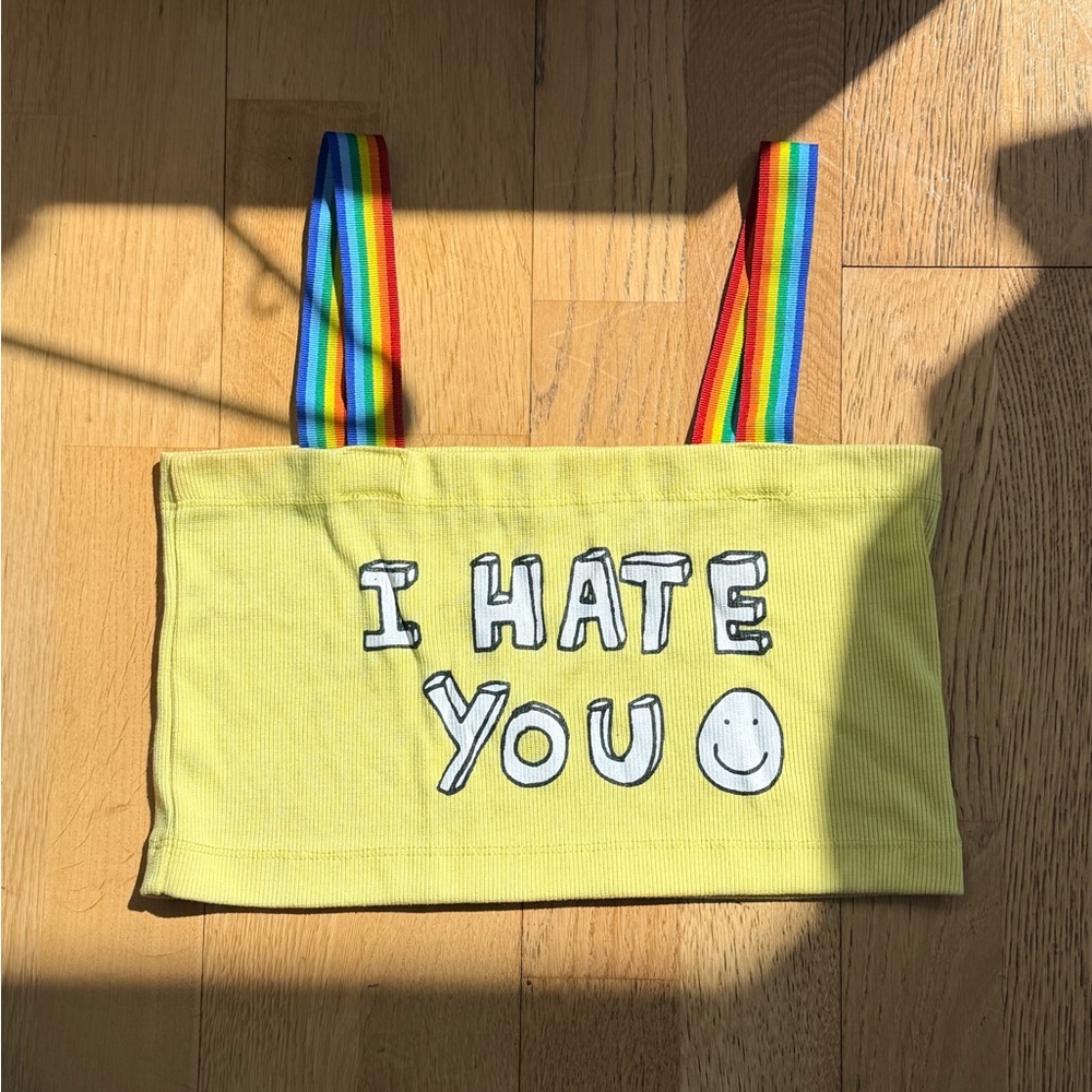 Yellow Graphic Crop Top with Rainbow Straps